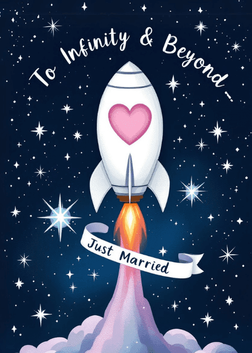 Illustrated rocket ship with a pink heart blasting off into a dark starry night sky trailing a Just Married banner, with elegant script text reading To Infinity and Beyond