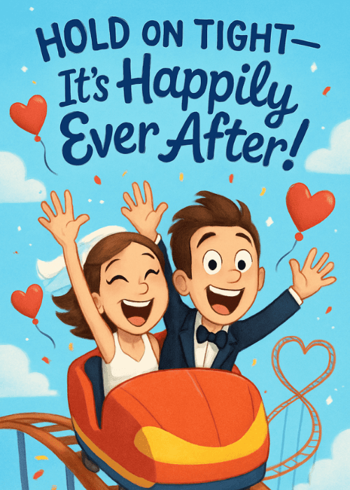 Bright illustrated wedding card on a clear blue sky background with soft white clouds, a cartoon couple in a tuxedo and white wedding dress sitting in a roller coaster car with arms raised in excitement, small red hearts floating around them, bold dark blue serif text at the top reading Hold On Tight and warm playful script below reading It is Happily Ever After