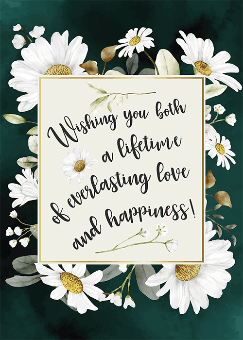 Wedding wishes card with warm elegant illustrated design and flowing heartfelt wishing you well text with beautiful decorative romantic elements for the happy couple