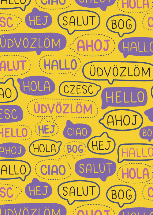 Yellow card filled with speech bubbles saying hello in many world languages including Hola Ciao Salut Hallo Hej and Ahoj in purple and pink
