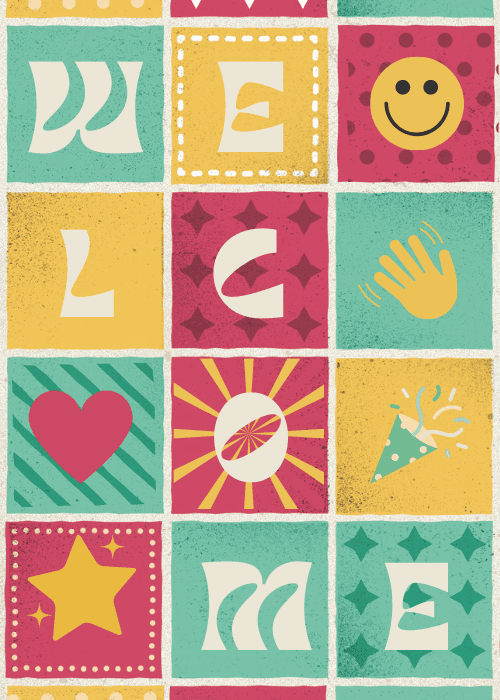 Grid of retro icons with welcome text on colorful squares