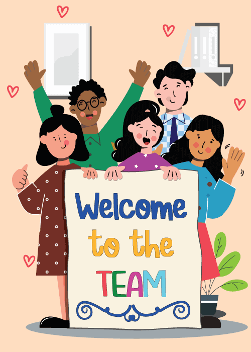 Diverse coworkers holding a welcome to the team banner with hearts