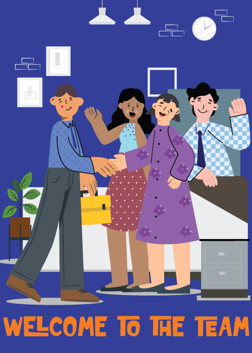 Illustrated office team welcoming new employee with briefcase on navy blue background with bold orange Welcome to the Team text