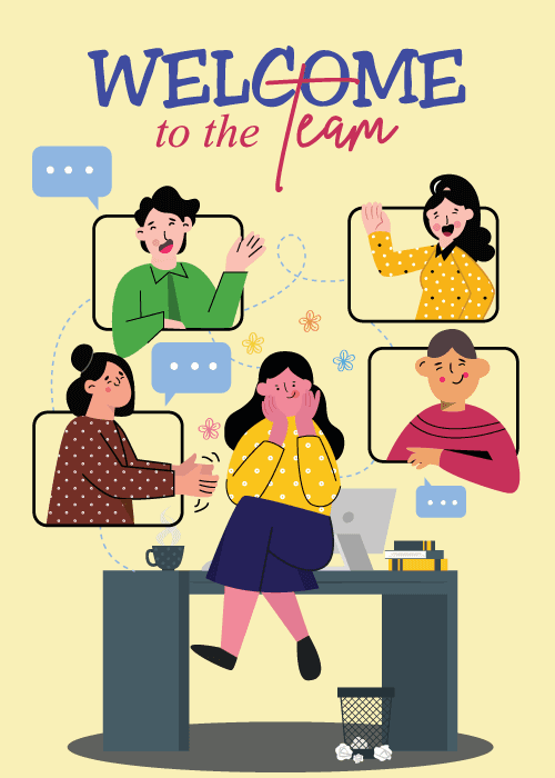 Coworkers in video windows above an office desk with welcome to the team text