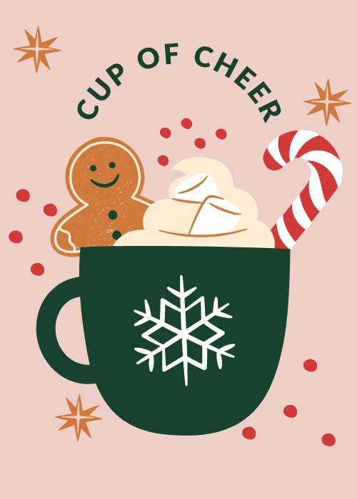 Green mug of cocoa with a gingerbread man and candy cane on a pink background