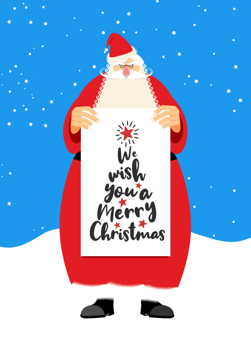 Santa holding a scroll with a Christmas tree message