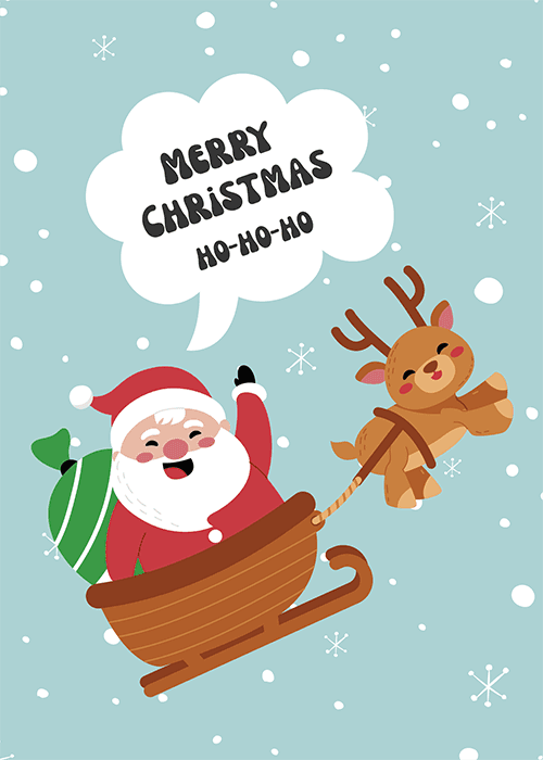 Cheerful Christmas ecard featuring a jolly waving Santa Claus in a snowy winter landscape