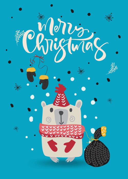 Cute polar bear with winter gear and treats in a snowy scene