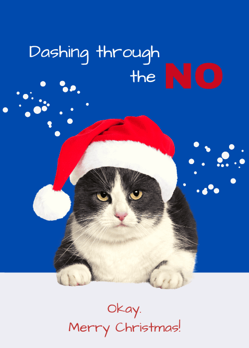 Funny Christmas card featuring a grumpy cat wearing a Santa hat with Bah Humbug text