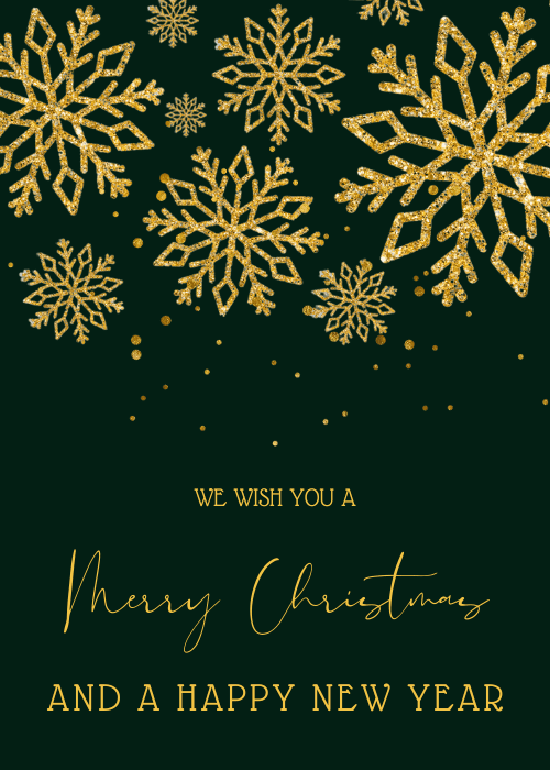 Gold glitter snowflakes on a dark green background with christmas and new year text