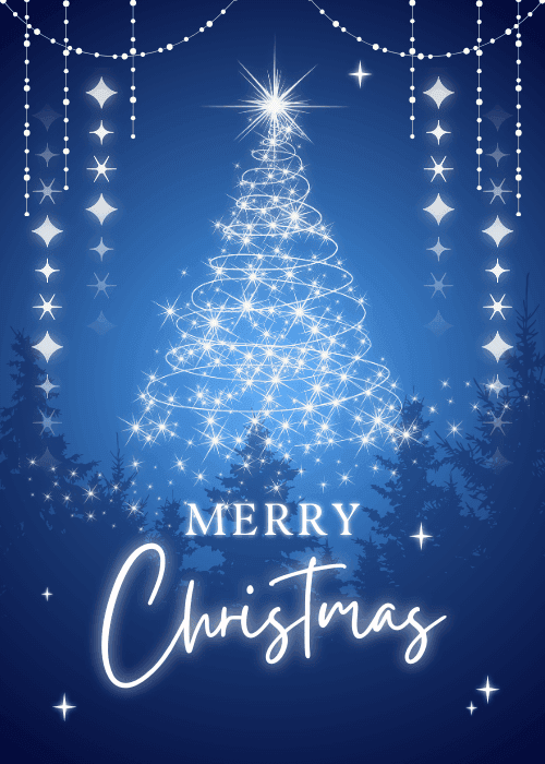 Mosaic Christmas tree made of festive icons on a navy background