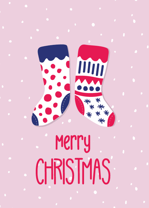 Four watercolor stockings hanging from a branch with merry christmas text