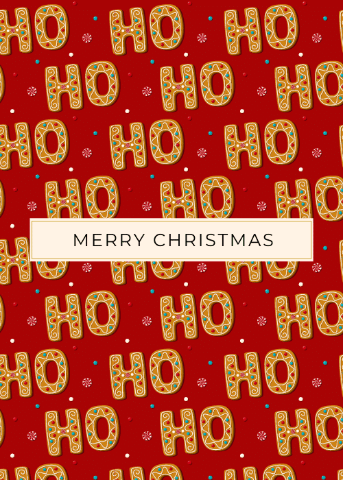 Red card covered in golden gingerbread HO HO HO pattern with peppermint candy and a Merry Christmas cream banner in the centre