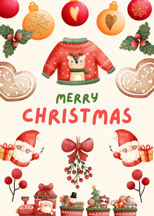 Watercolor Christmas icons like a sweater and gingerbread man with merry christmas text