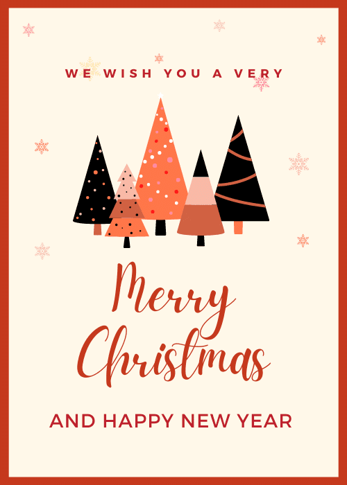 Patterned Christmas trees with merry christmas and happy new year text
