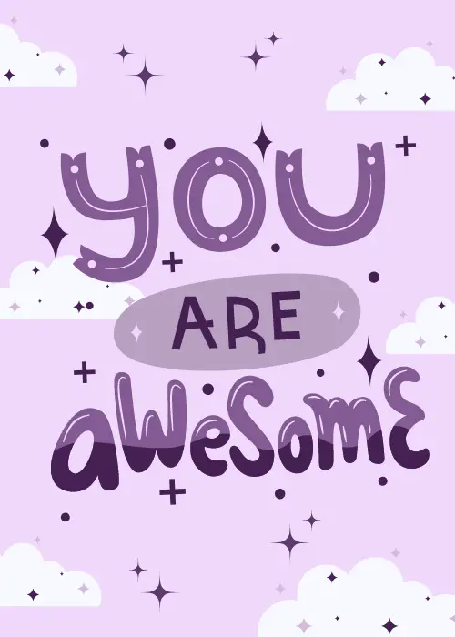 Lavender purple appreciation card with playful bubble lettering reading You Are Awesome surrounded by white clouds and sparkle accents