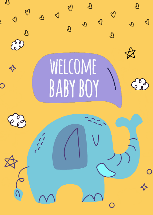 New baby boy welcome card on powder blue background with a large cute illustrated elephant surrounded by small stars and baby-themed decorations with Welcome Baby text