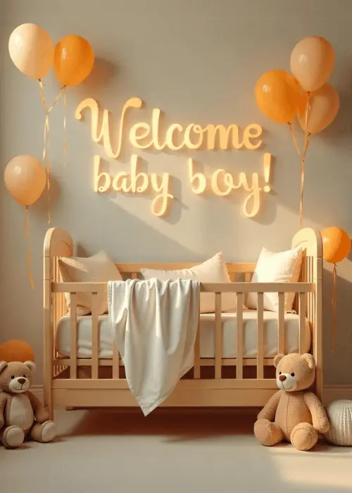 Warm golden nursery scene with a wooden baby crib, soft white blanket, golden and peach balloons on ribbons, two teddy bears, and glowing golden cursive text reading Welcome Baby Boy on the wall
