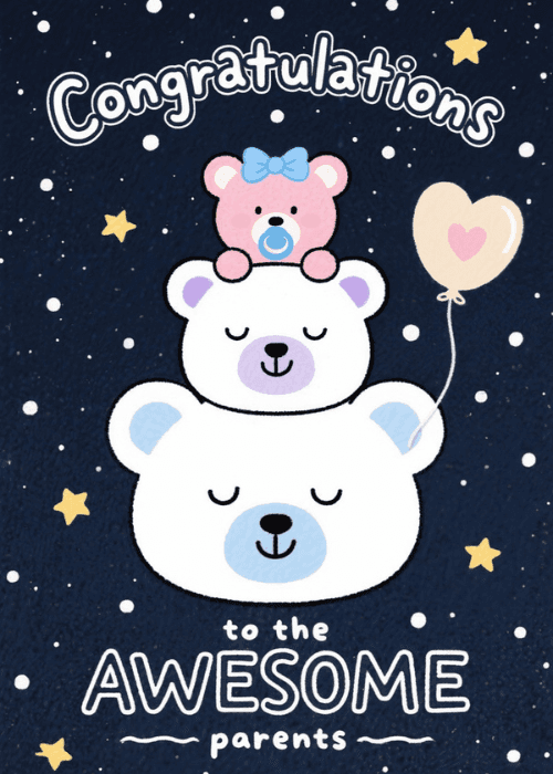 New baby card with three stacked kawaii illustrated bears on a navy starry background celebrating awesome new parents