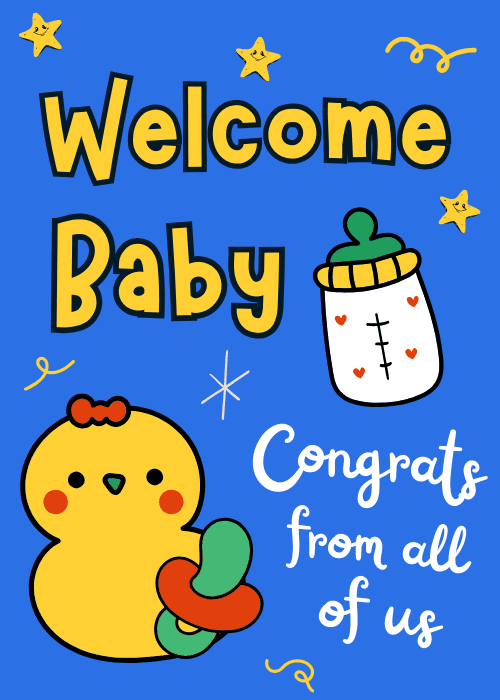 Adorable illustrated yellow duck with new baby congratulations message in soft pastel colors
