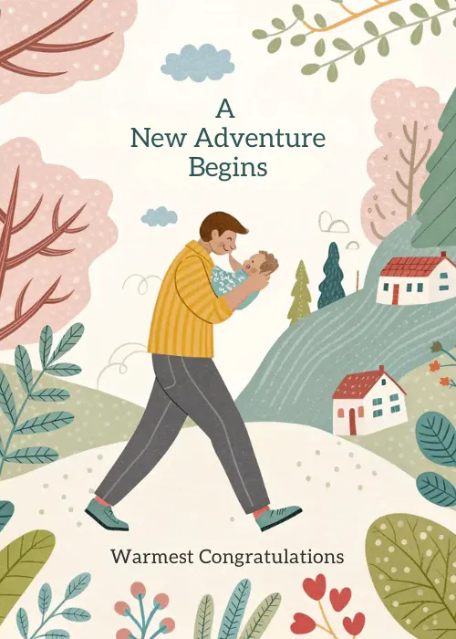 Illustrated new baby card with a dad in a yellow striped jumper holding a newborn while walking through a countryside landscape with pink trees, hills, and red-roofed cottages; text reads A New Adventure Begins and Warmest Congratulations