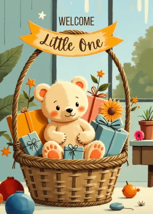 Adorable teddy bear sitting in a wicker basket surrounded by colorful wrapped gift boxes, a sunflower, and greenery with a bright window backdrop and an orange banner reading Welcome Little One