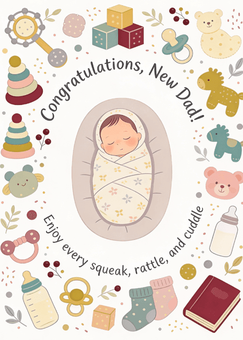 Cream background with a swaddled sleeping newborn in a yellow star blanket at the center, surrounded by a circular arrangement of illustrated baby items including blocks, bottles, a teddy bear, rubber duck, and baby booties, with congratulations new dad text