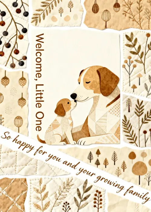 Illustrated puppy with botanical leaf and floral border in earth tones with text Welcome Little One for new baby celebration