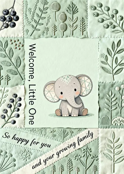 Cute illustrated baby elephant surrounded by sage green botanical leaves in a diamond frame with Welcome Little One text on a soft mint background