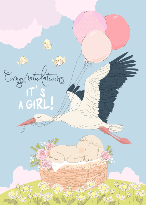 New baby girl card with an illustrated stork carrying pink balloons flying over a sleeping newborn in a flower-decorated basket and the text Congratulations It's a Girl