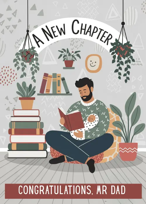 Illustrated new dad sitting cross-legged reading a book surrounded by stacked books and houseplants with text A New Chapter