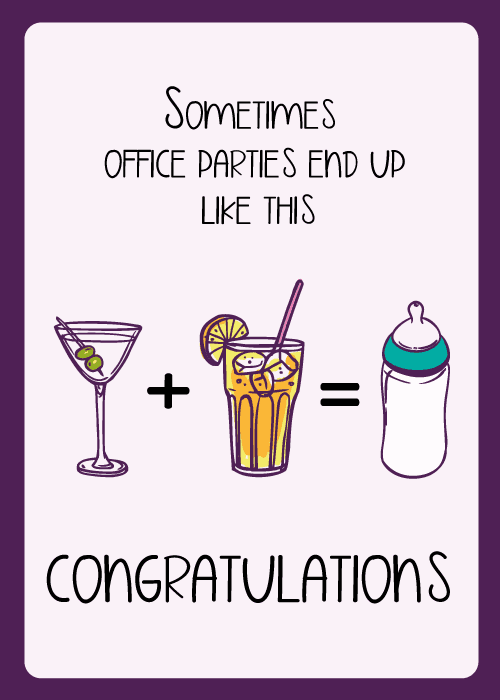 New baby congratulations card on light lavender background with illustrated equation showing a martini glass plus an iced cocktail equals a baby bottle, text reading Sometimes office parties end up like this and Congratulations in bold below