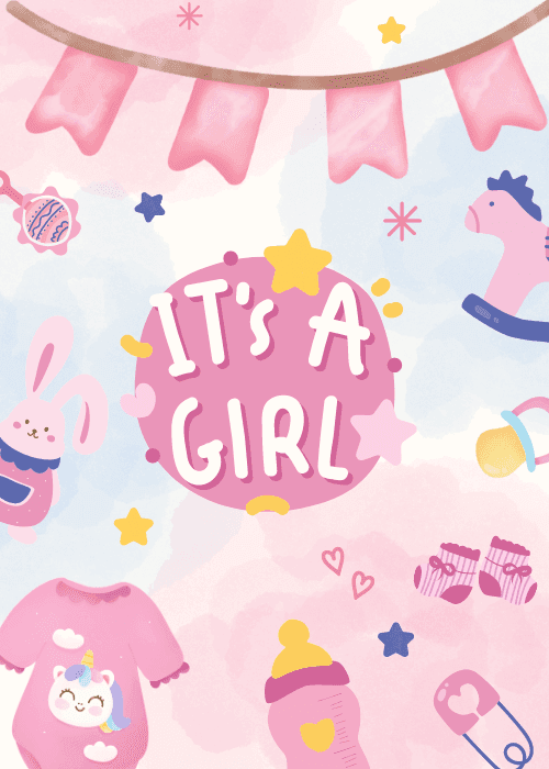 New baby girl card with soft pink and blue watercolor background pink bunting banner and illustrated baby items including a bunny rocking horse unicorn onesie and milk bottle surrounding a central pink badge reading IT'S A GIRL