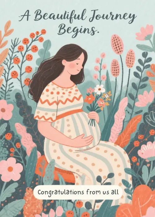 Illustrated pregnant woman in a lush garden of colorful flowers and foliage with text A Beautiful Journey Begins