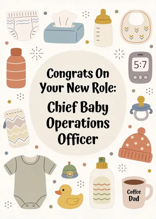 Illustrated baby items including bottles bibs onesie rubber duck and hat surrounding text Chief Baby Operations Officer
