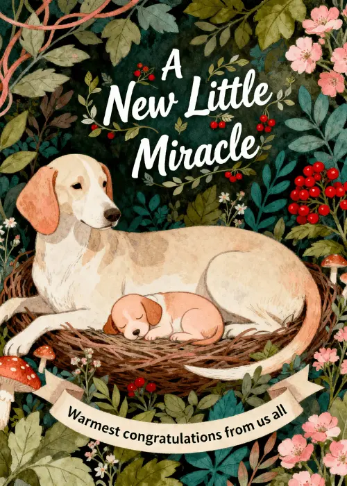 Illustrated mother dog cuddling a small puppy surrounded by lush pink flowers and green botanical foliage on dark background