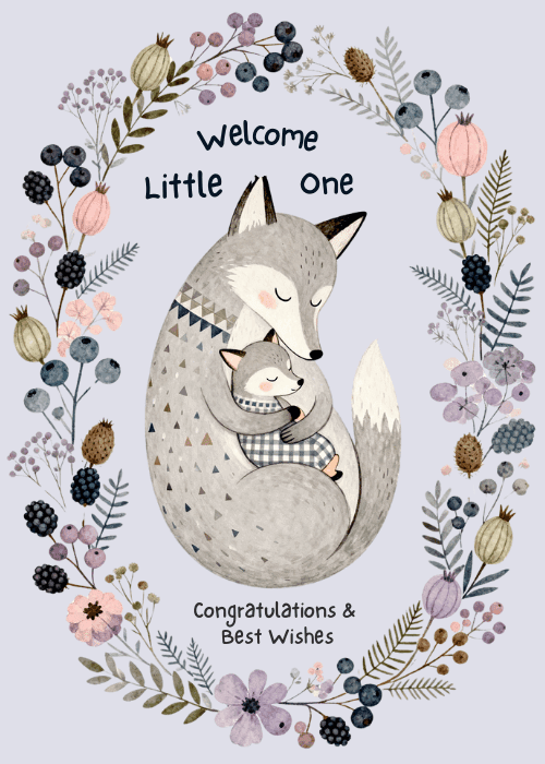 Watercolor mother fox curled around a sleeping baby fox inside an oval botanical wreath of flowers and berries on a soft lavender-gray background with text reading Welcome Little One Congratulations and Best Wishes