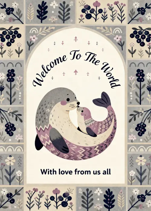 Folk art illustration of a mother seal nuzzling a baby seal in a circular frame with botanical patterns and leaf motifs