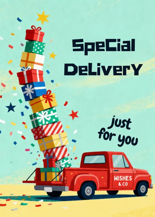Vintage red pickup truck loaded with a tall stack of colorful wrapped gifts and confetti with Special Delivery just for you text on a teal background