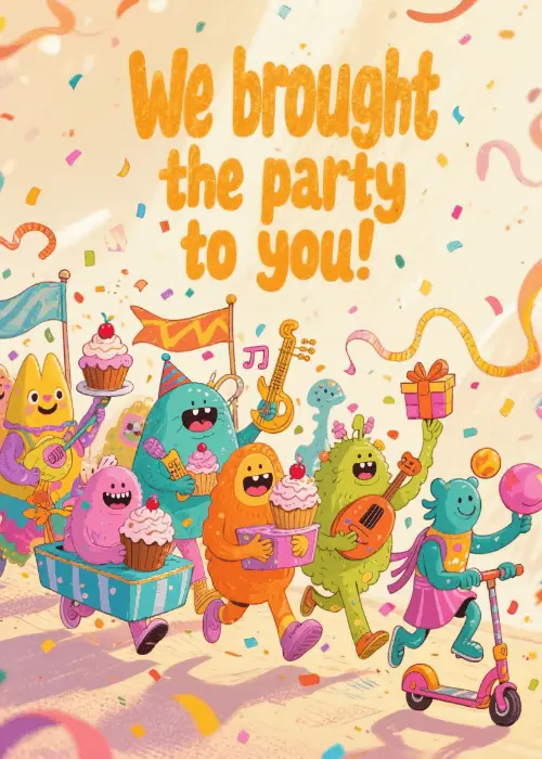 Warm cream card with bold orange text 'We brought the party to you!' above a parade of colourful illustrated monster characters