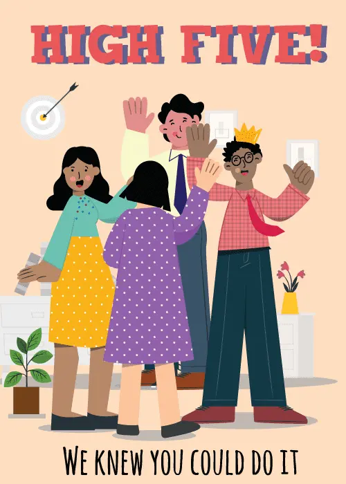 Illustrated office team of four diverse colleagues giving high fives on peach background with dartboard and We Knew You Could Do It text