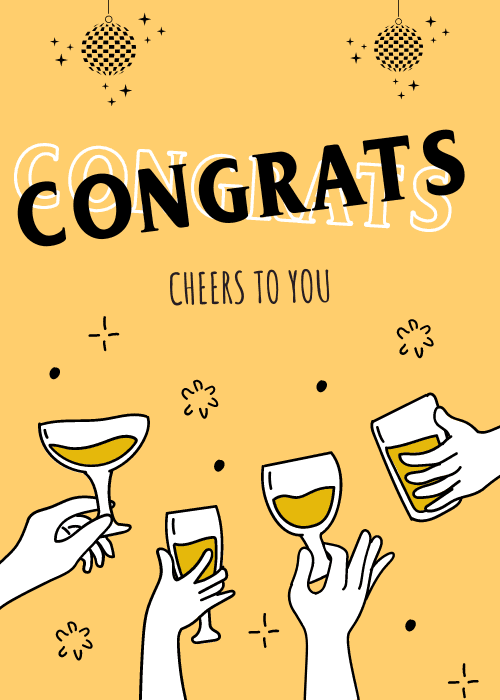 Group congratulations card showing illustrated hands raising various drink glasses on a golden yellow background with bold text CONGRATS and CHEERS TO YOU
