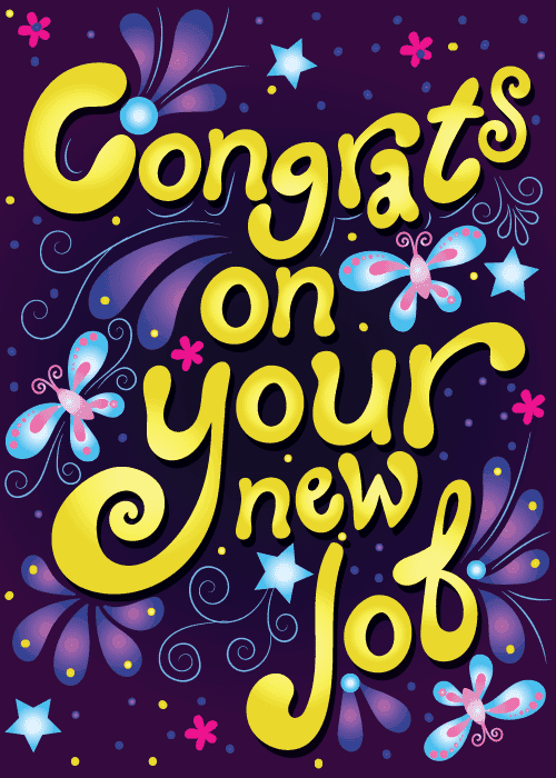Deep purple background with large bold yellow hand-lettered text reading Congrats on your new Job surrounded by glowing blue floral swirls butterflies and stars