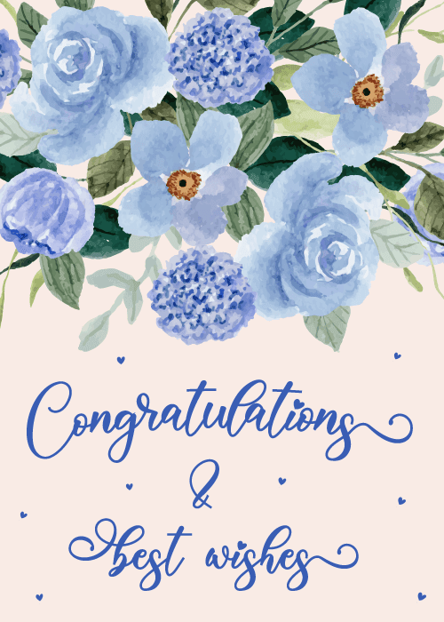 Congratulations and best wishes ecard with warm illustrated design and elegant dual sentiment messaging suited for weddings, promotions, and all-purpose celebrations