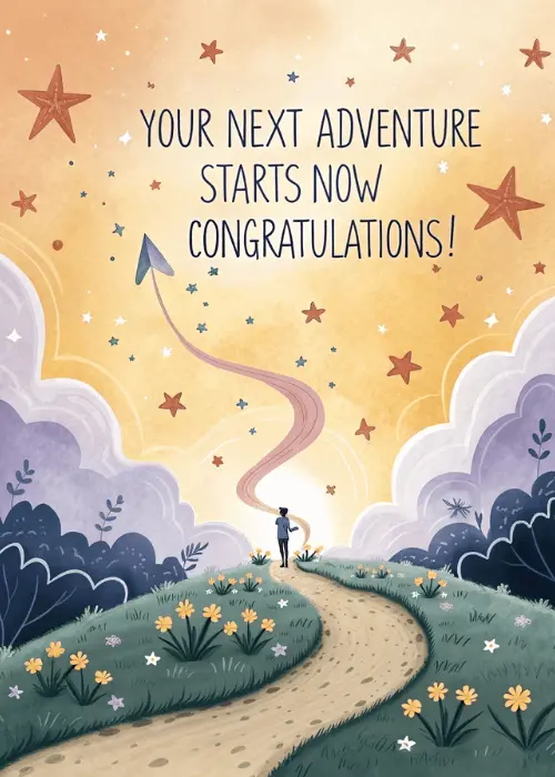 Watercolor winding golden path leading to a glowing starry horizon with whimsical stars and a small silhouette figure, text reading Your Next Adventure Starts Now Congratulations on a dreamy pastel sky background