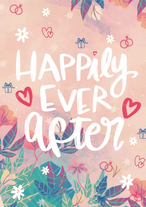 Wedding card with soft blush pink and coral watercolor background, scattered illustrated white daisies, lush teal and green botanical leaves, tiny engagement ring and heart icons, gift boxes, and bold white brush script reading Happily Ever After
