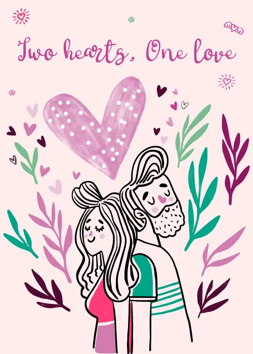 Wedding congratulations card with romantic typographic text reading Two Hearts One Love surrounded by illustrated hearts florals and wedding decorative elements on a soft background