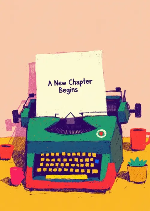 Warm salmon-pink illustrated greeting card with visible grain texture showing a teal vintage manual typewriter on a yellow-gold surface with a white page in the carriage reading A New Chapter Begins in dark handwritten script, small red coffee mugs on each side and a green succulent in a pink pot flanking one side