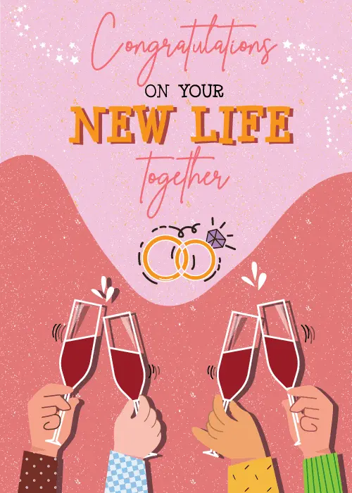 Illustrated hands raising champagne glasses in a toast with golden wedding rings on a pink background with confetti