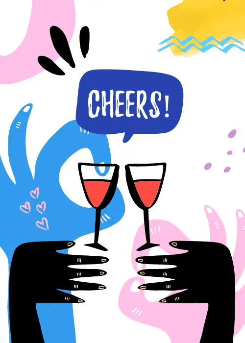 White card with colorful abstract pink, blue, and yellow blob shapes in the background, two illustrated hands holding stemmed wine glasses filled with red wine clinking together, and a bold navy speech bubble reading "CHEERS!" above